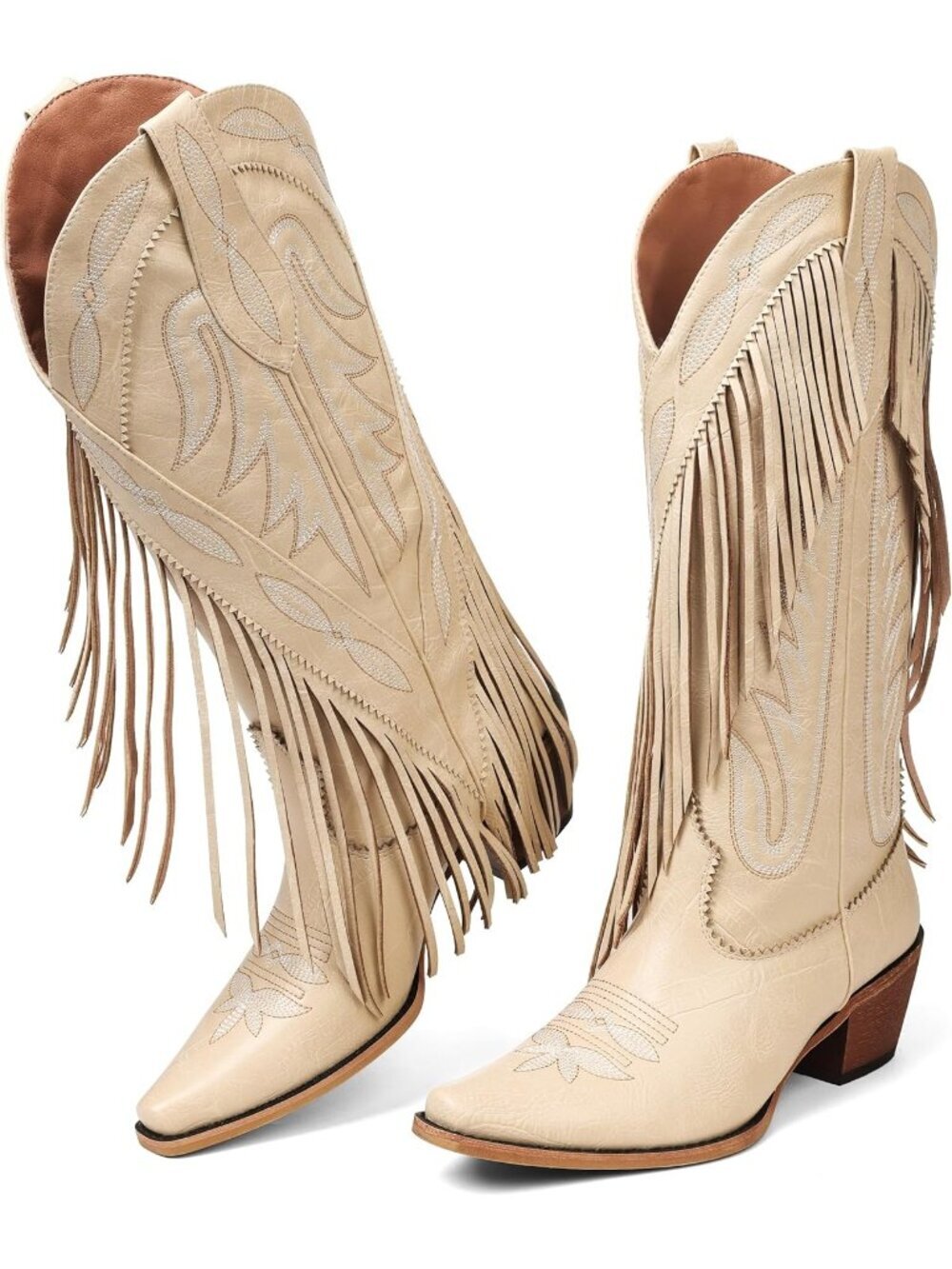 Women Beige Leather Pull On Block Chunky Suede Fringe Cowboy Pointed Toe Boot